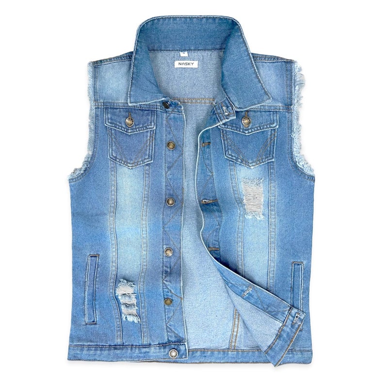 NASKY Men's Fit Retro Ripped Denim Vest Sleeveless Lapel Jean Vest Jacket Waistcoat Top(Large,Light blue) - Image 1